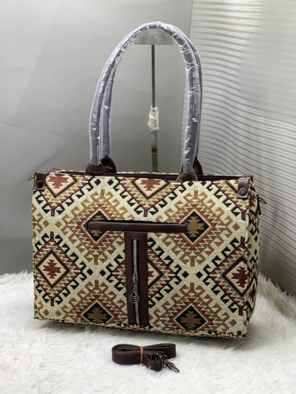 EthniCharm Tribal Tote – Multi-Pocket Jacquard Handbag with Sling Strap